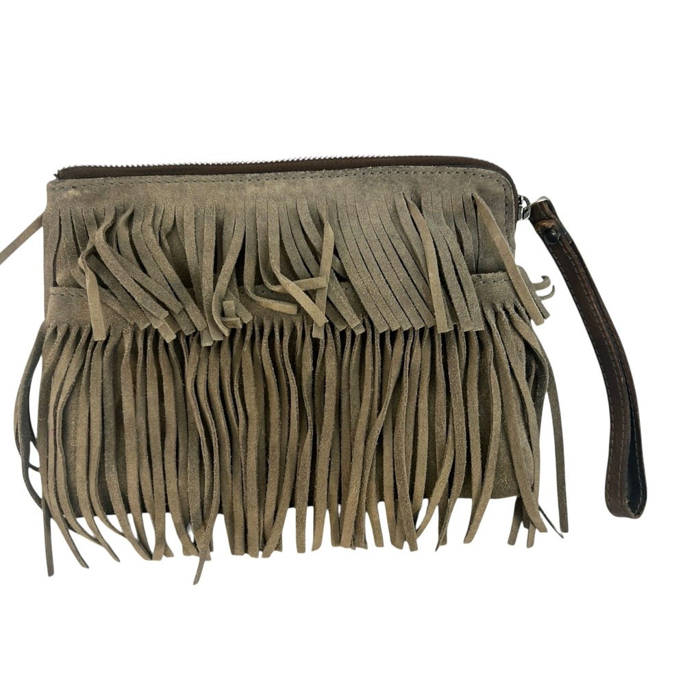 Patricia Nash Italian Leather Suede Fringe Wristlet Gray Western Cowboy Boho - Picture 2 of 5